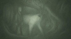 a man and a deer-creature in the forest