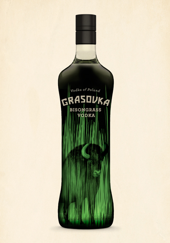 black Vodka bottle with green gras and a buffalow